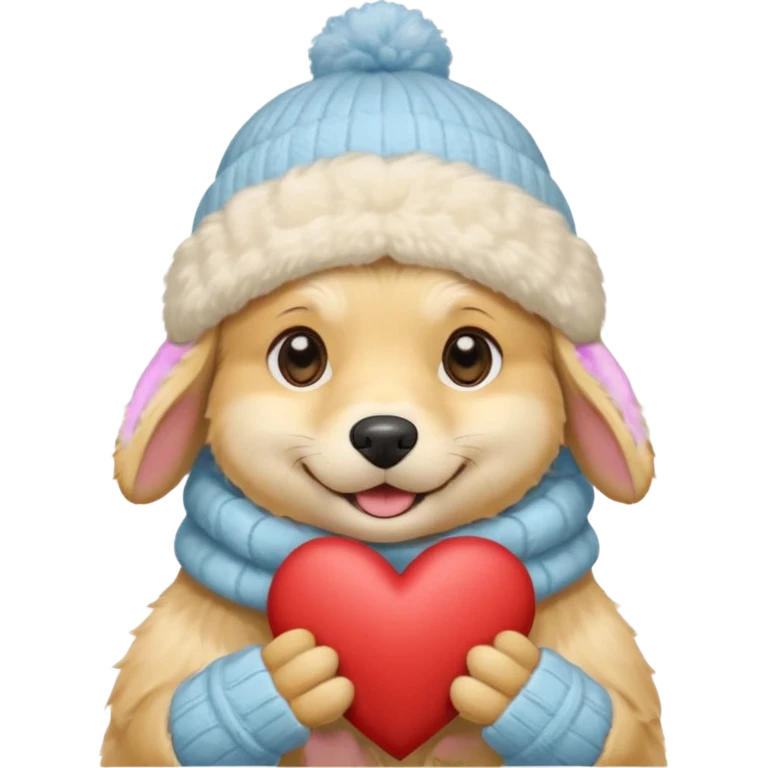 English cream golden retriever cartoon cuddling with winter hats and heart in between them emoji