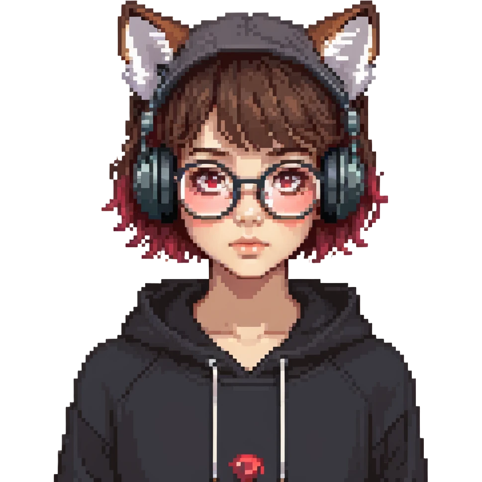 tan brunette girl with a short wolf haircut, round ruby glasses, black headphones, and a black hoodie emoji