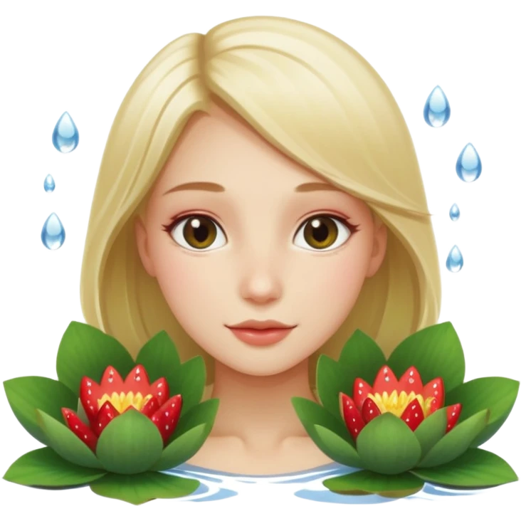 a beautiful girl mix with  watel lili and  Strawberries  being born with an nenuphar on her light hair emoji