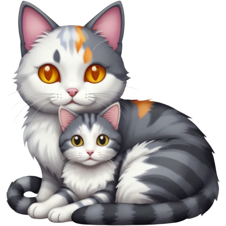 full body dark grey and white cat cuddling a colourful light patched calico + white tabby cat  emoji