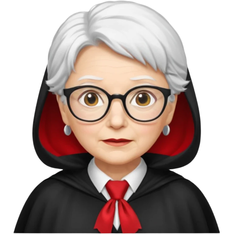 An older woman with glasses and white hair, in a red tie and black cape emoji