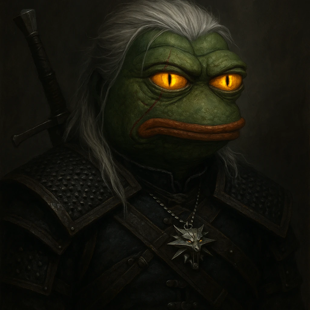 Пэпэ as a Witcher, with glowing yellow eyes and a scarred face emoji