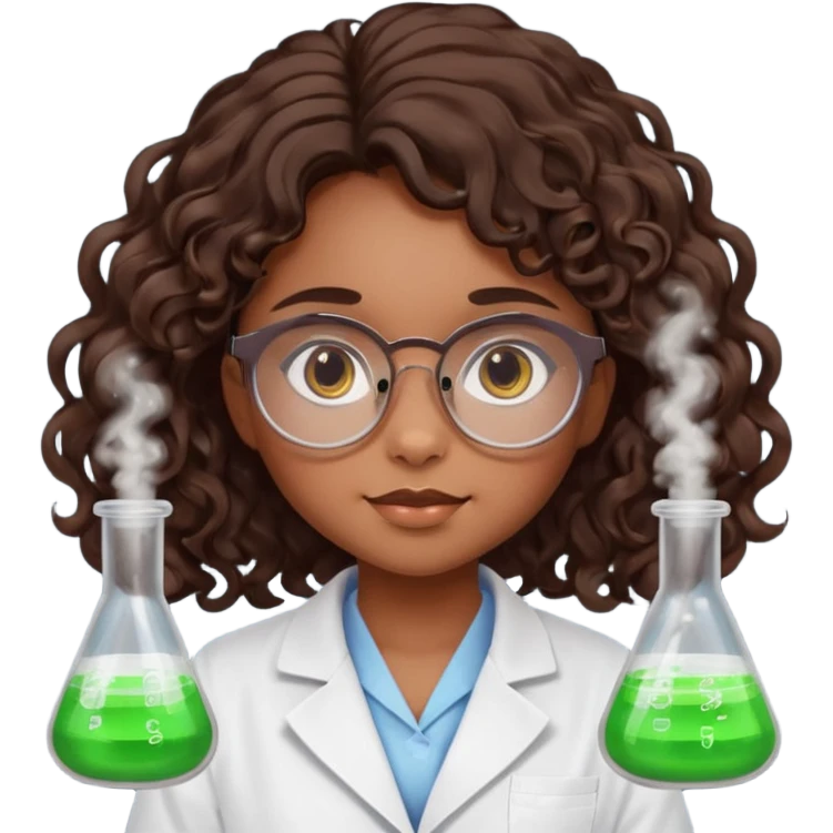 bratz doll with long loose curly dark brown hair, glasses that are round cat eye vibes, in a lab coat mixing beakers that glow shes a 4th grade girl emoji