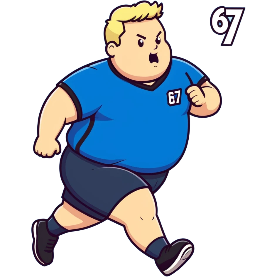 Overweight blonde man running with a blue uniform saying 67 emoji