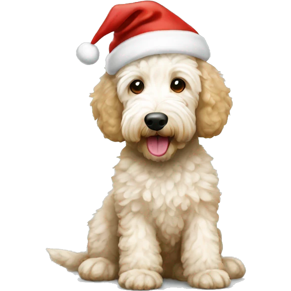 White and beige goldendoodle with Santa hat emoji
