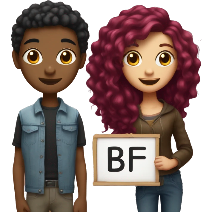 Girl with burgundy hair next to a tall boy with short black hair holding up a sign that says “BFF” emoji
