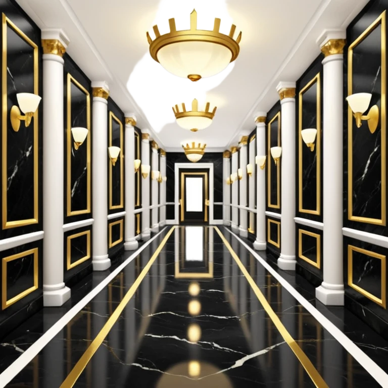 Luxurious black marble hallway with gold and white accents  emoji