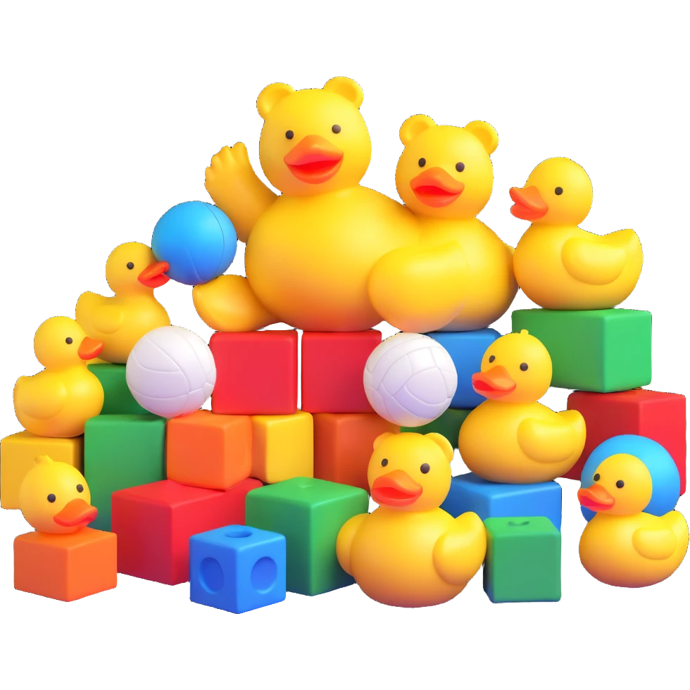 Colorful toys scattered together - teddy bear, rubber duck, toy blocks, ball, and action figures emoji