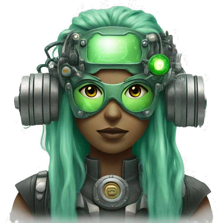Green female cyborg head with green long hair, grey steampunk goggles and circuitry emoji
