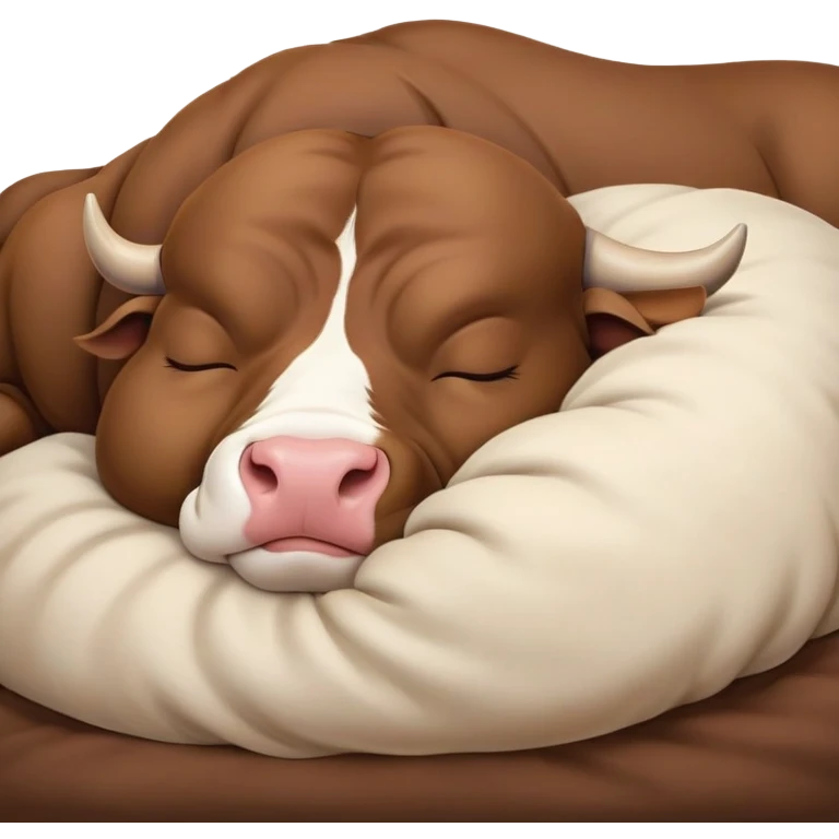 meme-worthy-cute-sleeping-domestic-bull-portrait-emoji,-head-resting-peacefully-with-a-contented-smile,-showcasing-a-robust,-muscular-build-and-a-luxuriously-soft-coat,-eyes-gently-closed-in-serene,-restful-slumber,-simplified,-solid-brown emoji