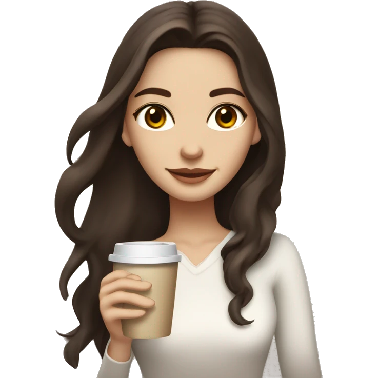 Brunette girl with long hair and dark brown glowy eyes  and white skin wearing vanilla soft clothes and holding coffee emoji