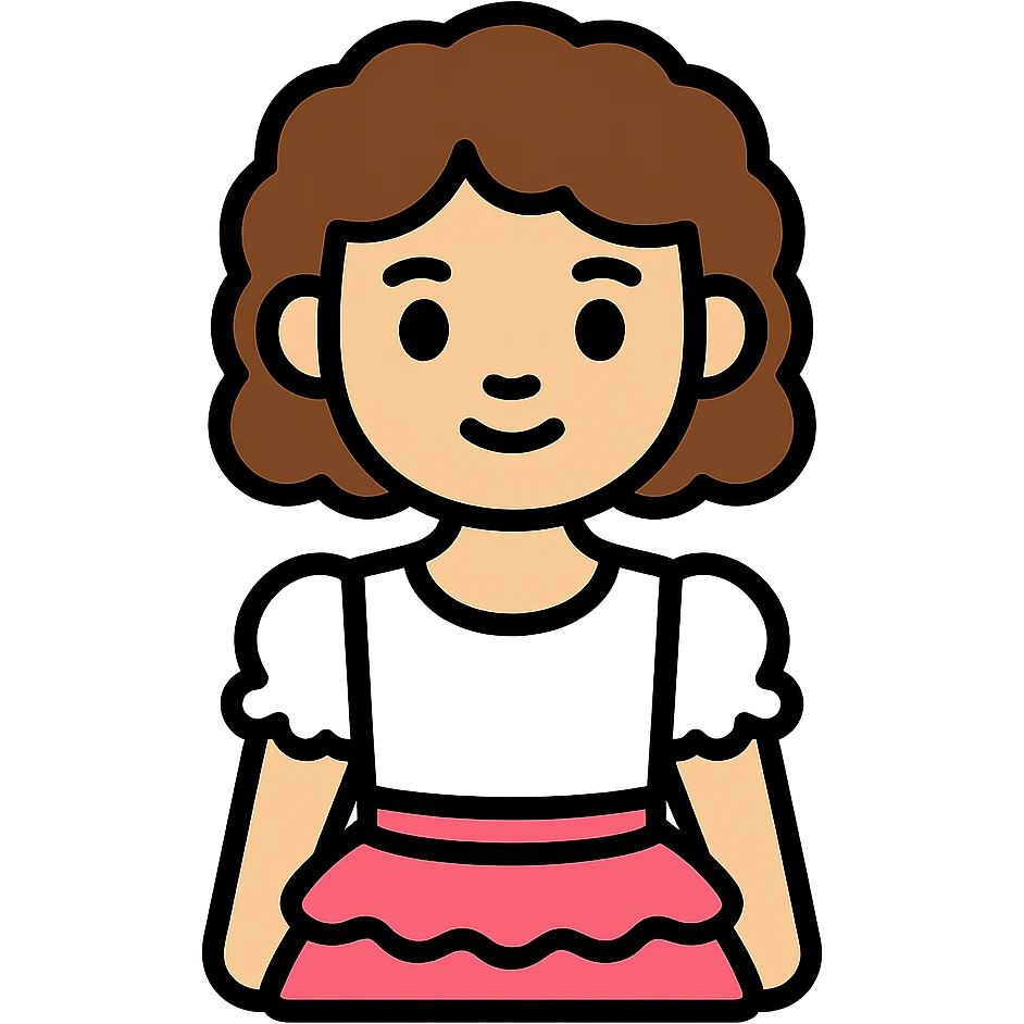 light skin girl, brown eyes, short curly brown hair, white blouse with ruffles, pink skirt with ruffles emoji