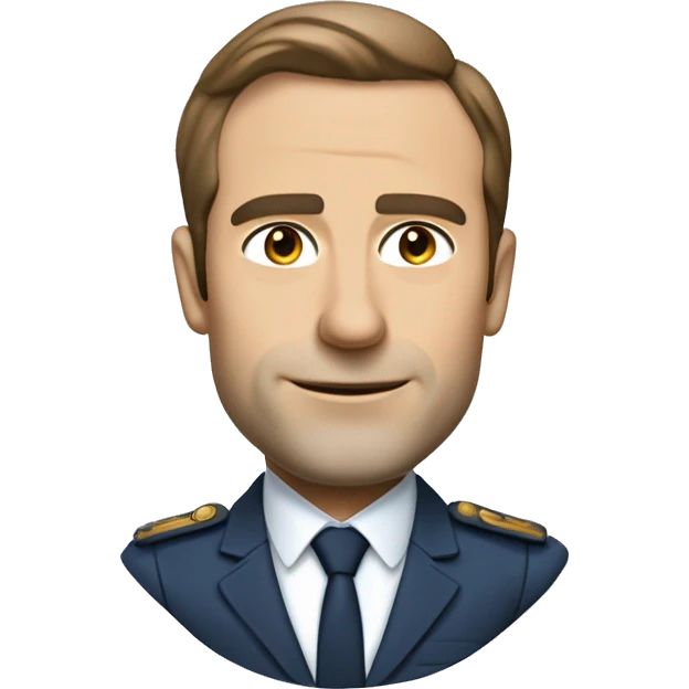 Macron avec Chemise blanche ou bleu clair, sans cravate, avec les manches retroussées éléments visuels futuristes comme des lignes LED sur le costume emoji