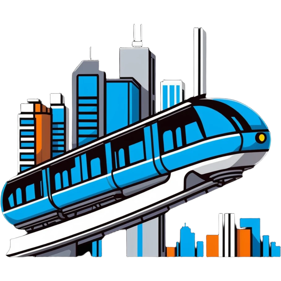 Futuristic monorail train curving above a cityscape with tall buildings emoji