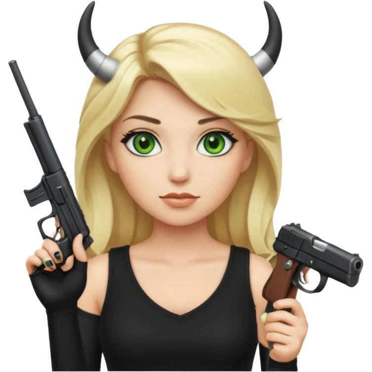 Emoji femme blonde cheveux blond, yeux vert avec de long cils noir qui porte un pistolet et à des cornes  emoji