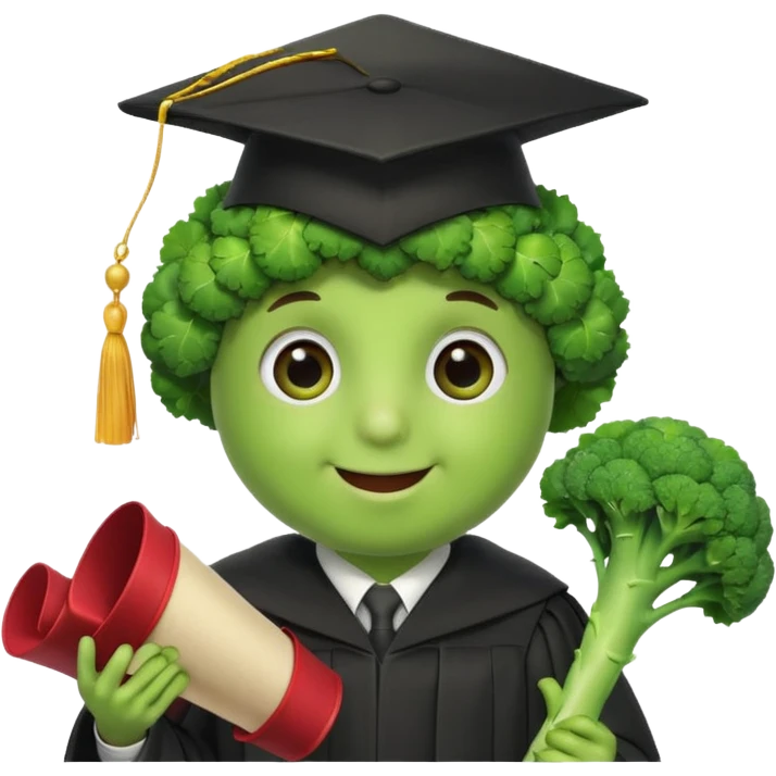 broccoli with a mortarboard, carrying a diploma scroll, with eyes and a happy expression emoji