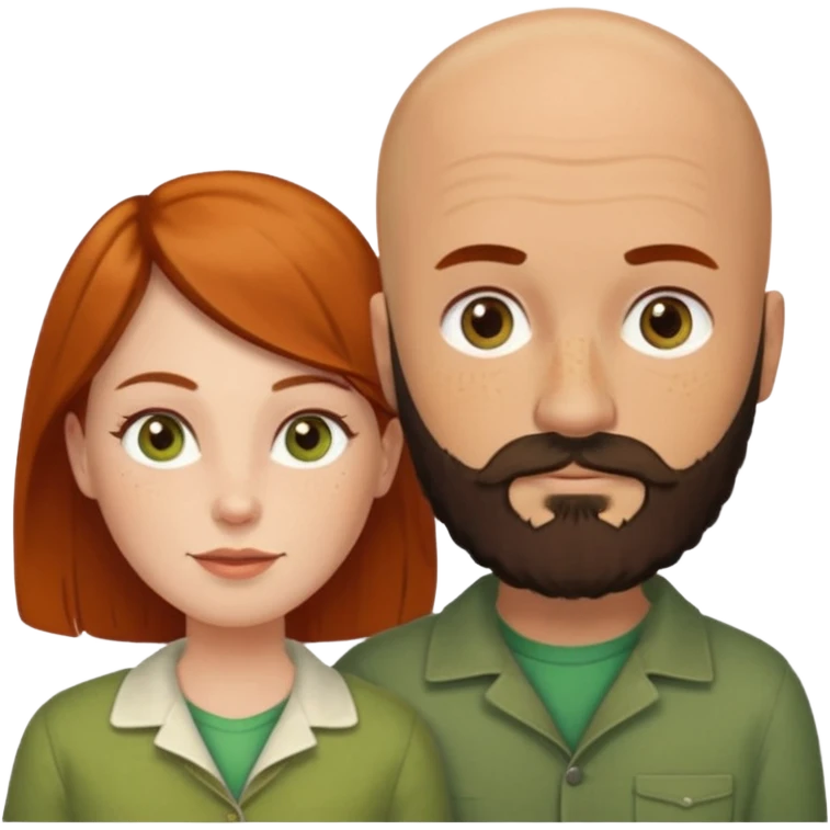 Couple. Bald man with dark brown-black beard. White woman with many small, faded freckles, she has white skin and she has auburn-yellow-brown-cinnamon, dark hair. She has light orange-brown eyes. The man have hazel eyes. They like green. Retro style. emoji