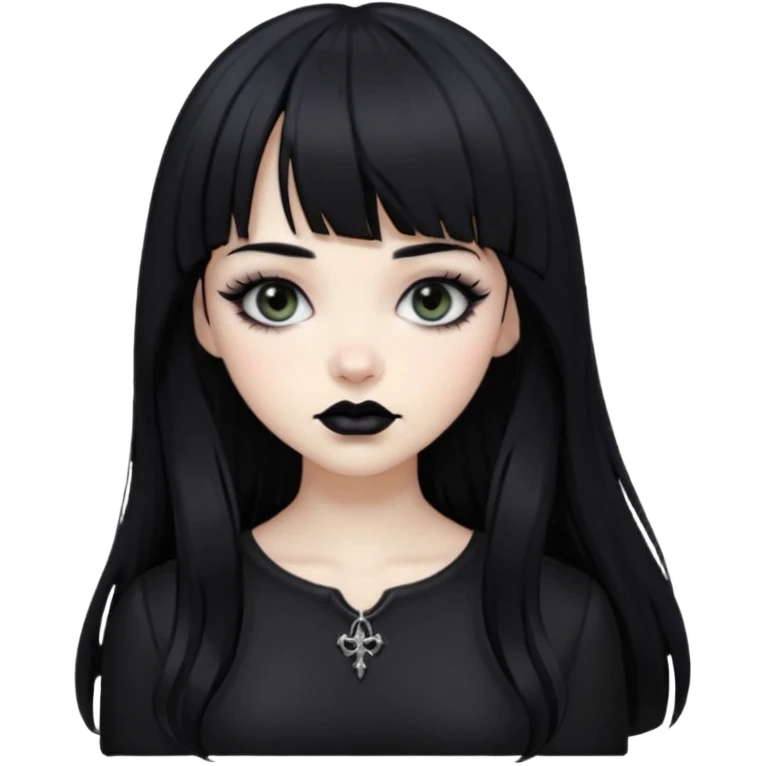 Gothic gir, black hair with bangs, slightly wavy, very long hair,long eyelashes, black eyes. emoji