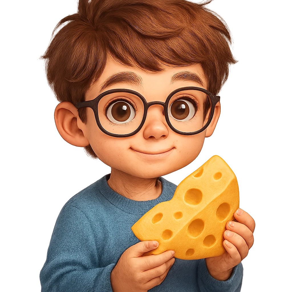 a boy with brown hair, brown eyes, glasses, holding a piece of cheese, detailed, cute emoji