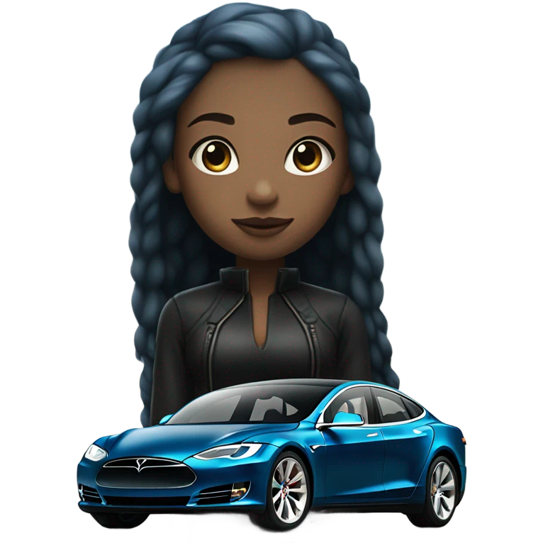 white skin girl with blue hair in black clothes standing next to tesla car emoji