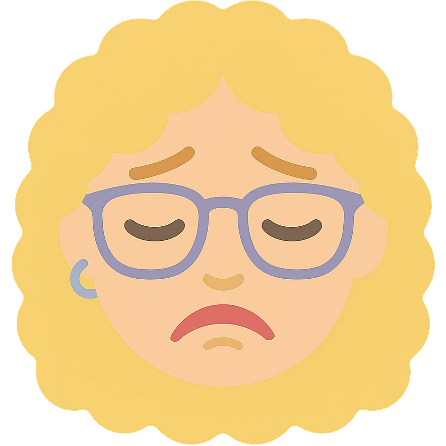 female human with light skin, blond curly hair, glasses, nose piercing, lip piercing, sad expression emoji