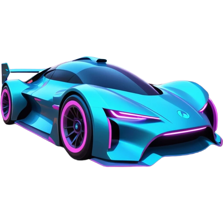 A futuristic racing car with glowing neon lights, sleek aerodynamic design, and a cyberpunk cityscape in the background. The car is speeding through a neon-lit street with high-tech buildings and holograms." emoji