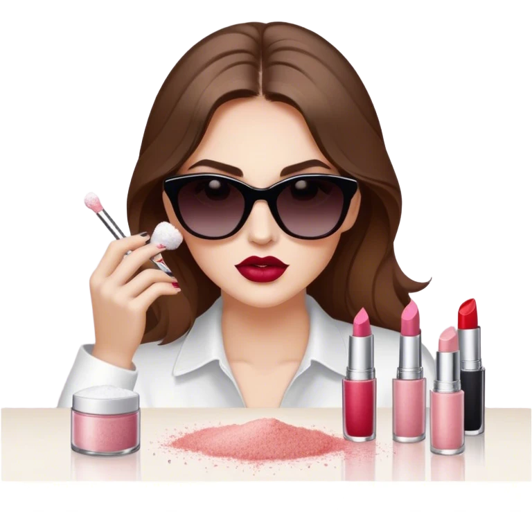 White woman with brown hair and dark sunglasses. She is sprinkling table salt on top of lipsticks, eyeshadows, and blushes emoji