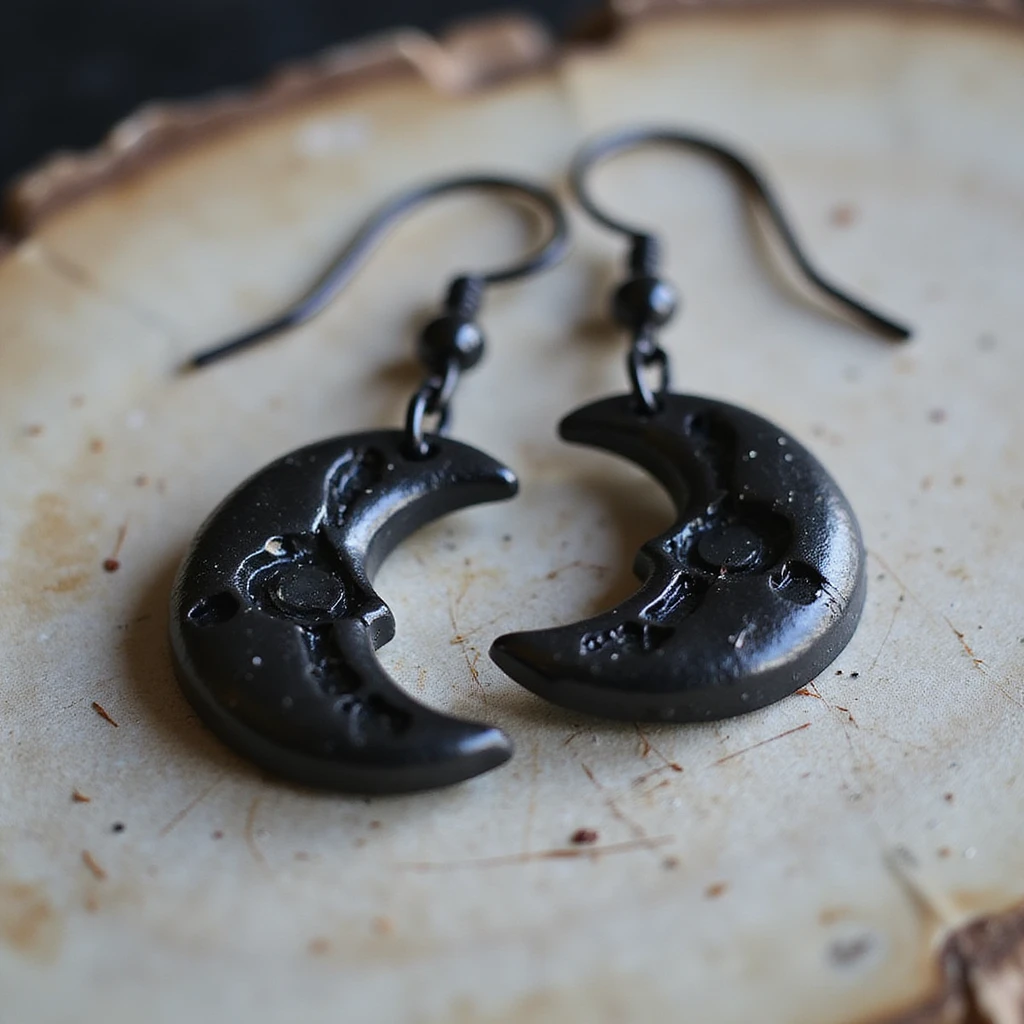 realistic goth earrings, black crescent moon, smooth onyx, celestial gothic emoji