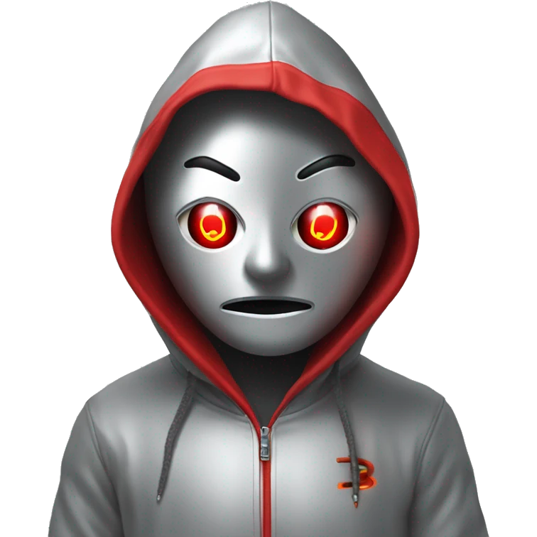 A silver human with red laser beam coming out of eyes , wearing a hoodie with red bitcoin logo emoji