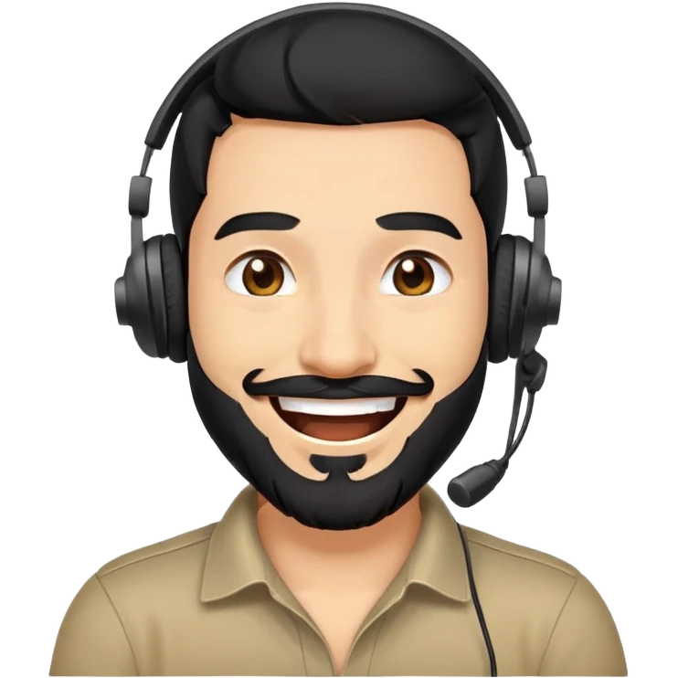 laughing man with black hair, brown eyes, black beard wearing gaming headset emoji