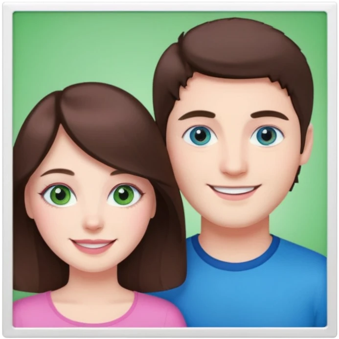 pink polaroid photo of a couple thats white with brunette hair blue and green eyes emoji