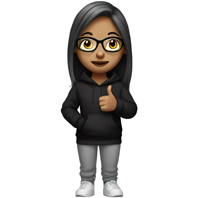 girl standing with thumbs up black hoodie and grey sweatpants and she has straight hair, and she uses glasses emoji