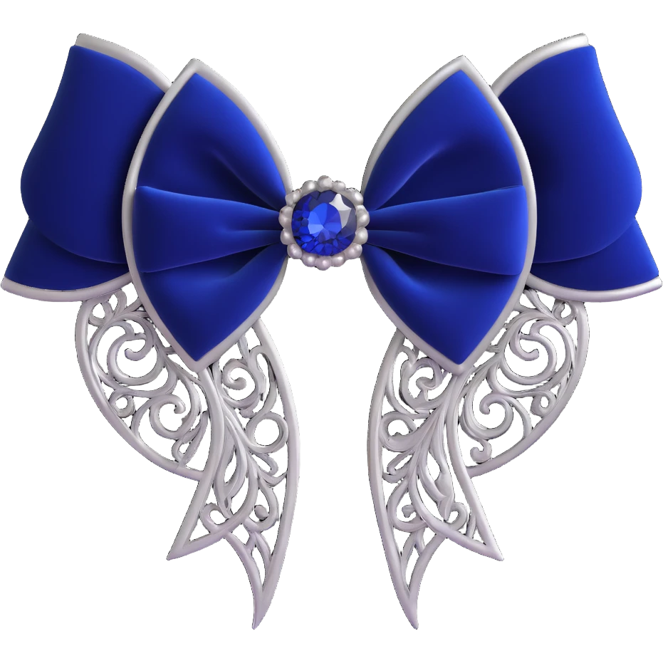 gothic bow, black velvet, silver filigree, deep sapphire gemstone, ornate and dramatic emoji