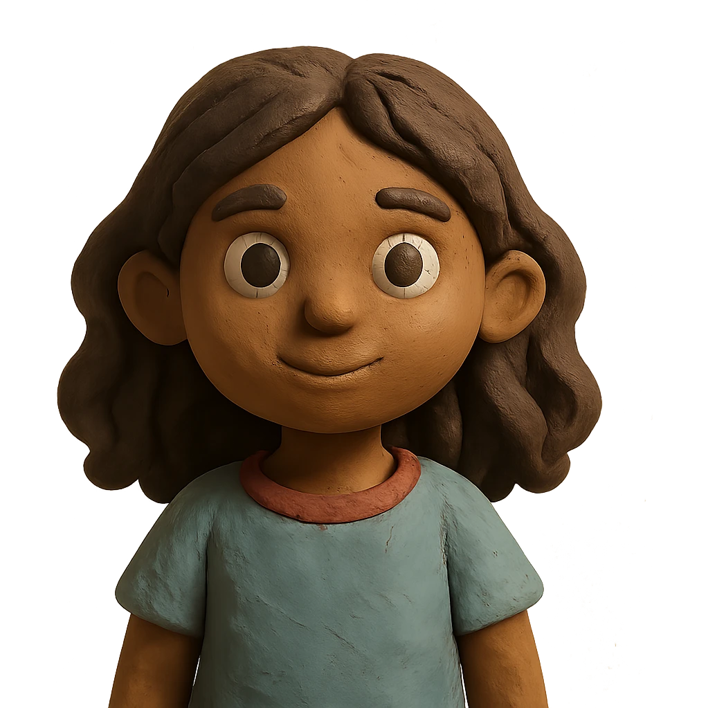 brown girl with wavy hair and brown eyes in claymation style emoji