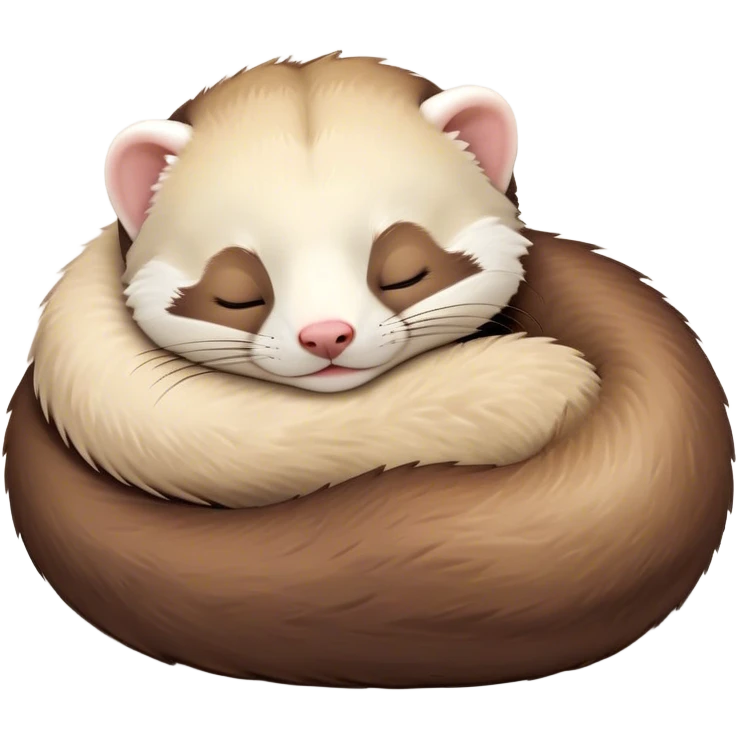 Meme-Worthy Cute Sleeping Ferret Portrait Emoji, Head resting peacefully with a contented smile, showcasing a long, flexible body curled up in cozy repose, luxuriously soft fur in warm brown and cream, and eyes gently closed in serene slumber, Simplified yet hilariously adorable features, highly detailed, glowing with a soft, drowsy natural light, high shine, relaxed and utterly lovable, stylized with an air of playful laziness, bright and heartwarming, soft glowing outline, capturing the essence of a sleeping ferret that feels destined to become the next viral sensation of adorable rest! emoji
