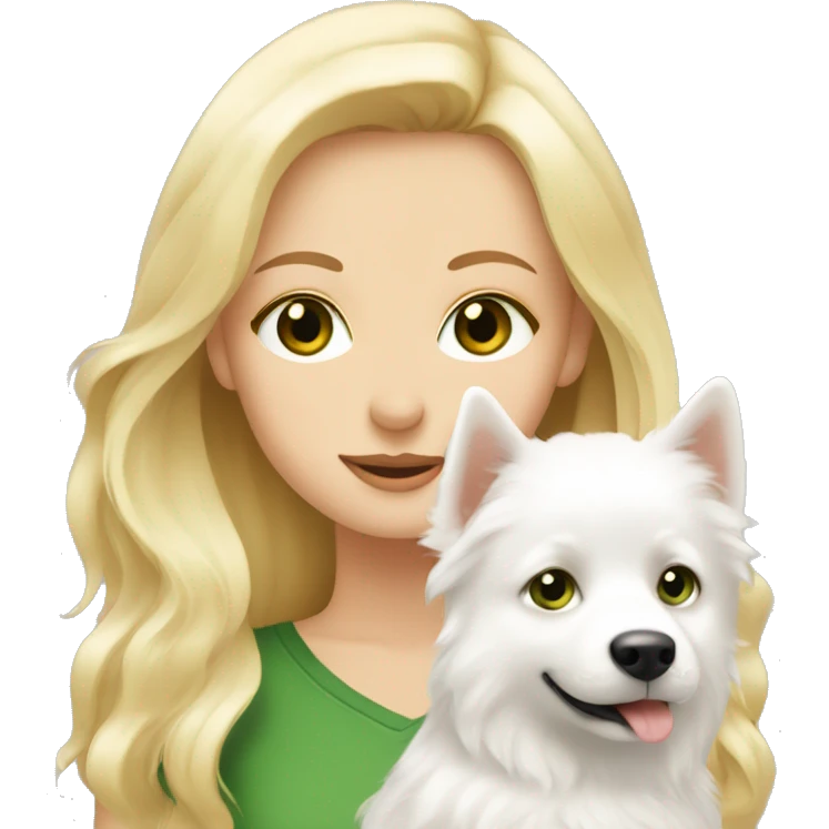 a white girl with green eyes, a blonde hugs a white Spitz puppy with brown eyes emoji