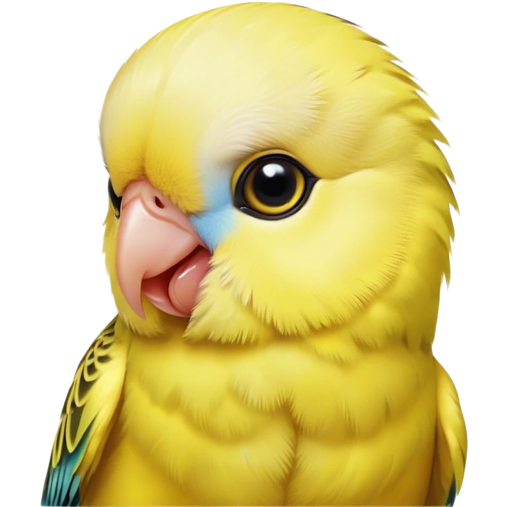 Cinematic Cute Yellow Budgie Portrait Emoji, Head tilted playfully and inquisitively, featuring a radiant yellow feathered fur with a natural sheen, round, sparkling dark eyes filled with curiosity, Simplified yet irresistibly adorable features, highly detailed, glowing with a warm, friendly glow, high shine, affectionate and lively, stylized with a touch of whimsy, bright and endearing, soft glowing outline, capturing the essence of a mischievous yet loving budgie, so playful it feels like it could chirp out of the screen and into your arms! emoji
