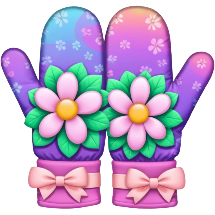Psychedelic colored hippie style mittens with a flower and pale pink bow emoji