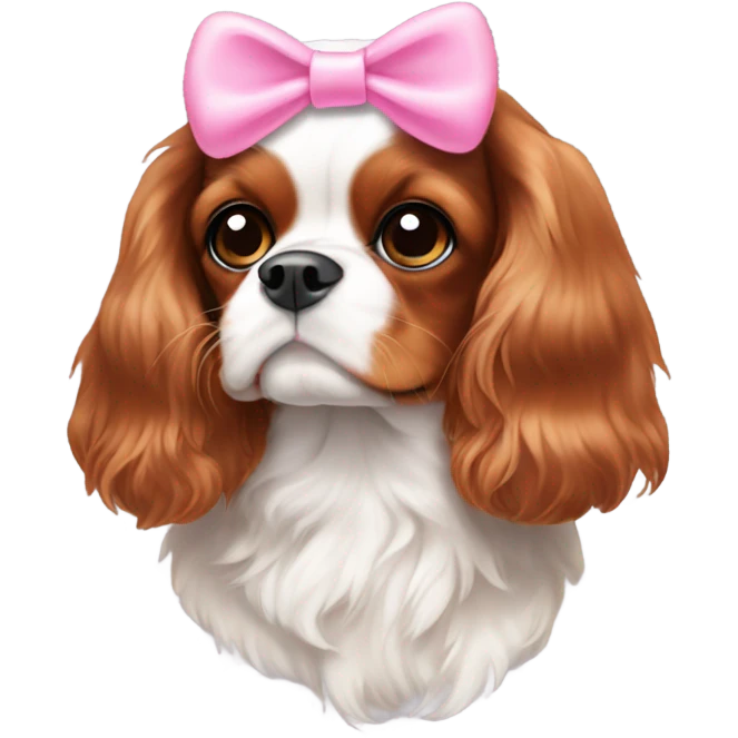 cavalier king charles with a dot between ears brown and white with a pink bow emoji