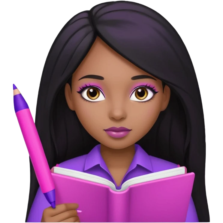 Une fille noir au cheveux lisse qui est entrain d’écrire avec un stylo rose sur un cahier violet cheveux long et lisse avec des jolis yeux et un beau makeup emoji