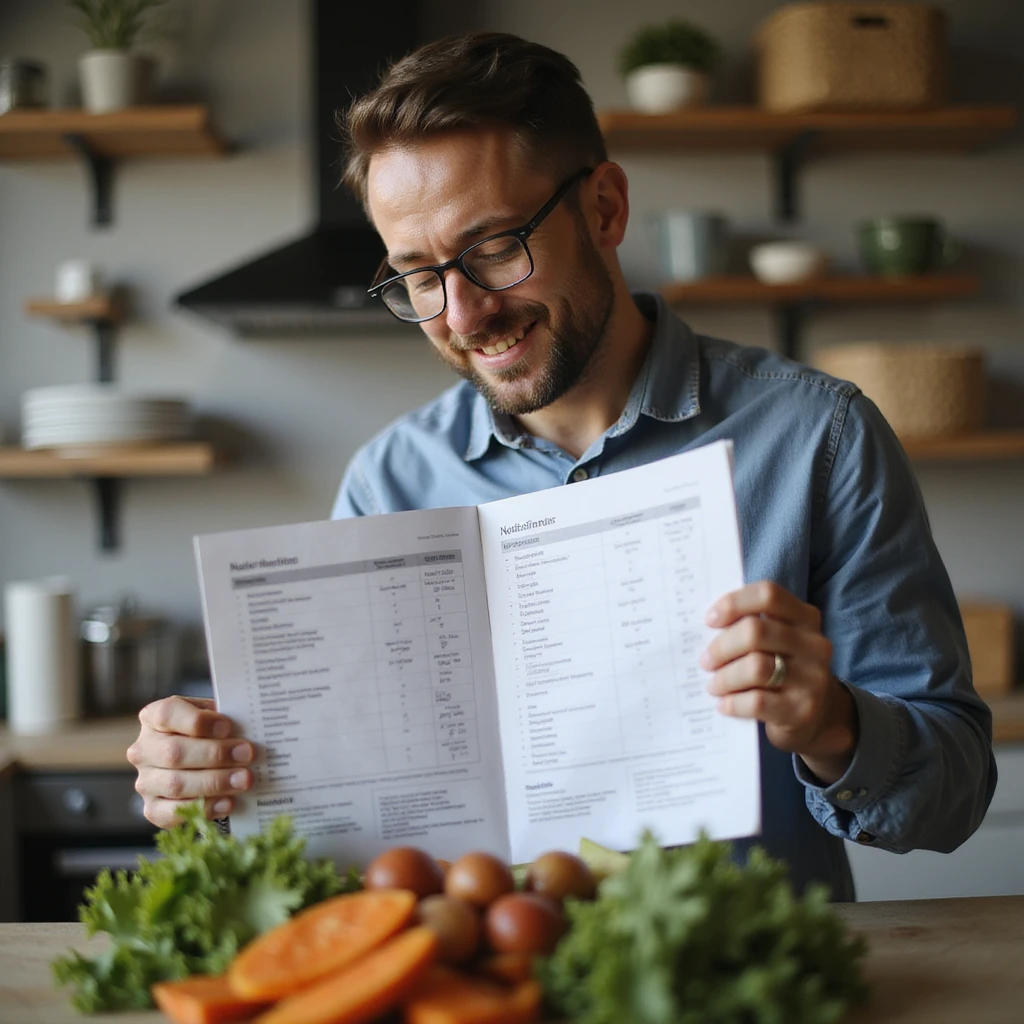 realistic image of a man holding a nutritional plan and checking the meal, home environment, satisfied expression, realistic details, healthy food in foreground emoji