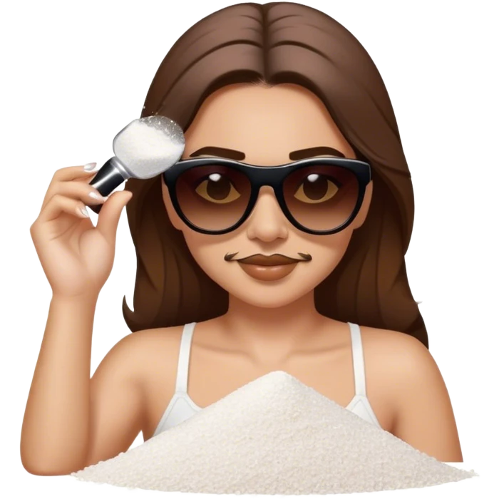 White woman with brown hair posing as salt bae with sunglasses. She is sprinkling salt on top of a pile of makeup emoji
