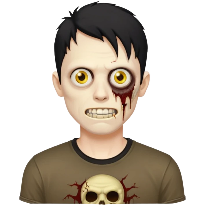 I want you to give me a zombie man who has golden teeth, yellow eyes, eyebrows and black hair, the hair I want to be a modcut cut and is wearing a brown affliction T-shirt and thin circular lenses emoji