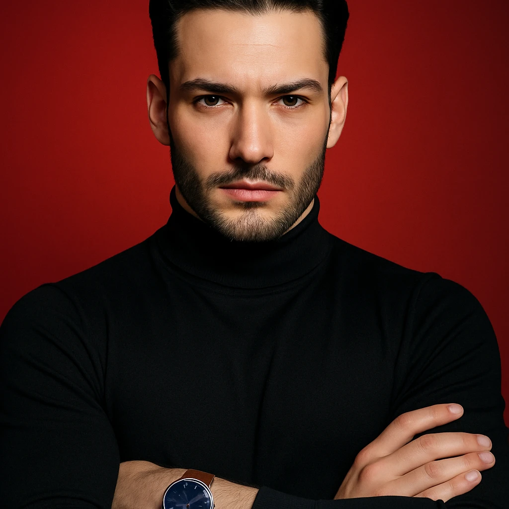 Create a highly stylized ultra-realistic 4K editorial portrait of the person in the reference image. Emphasize sharp features, flawless fair skin, and sleek black hair. The person wears a black turtleneck sweater and stands against a bold red gradient background, confidently crossing arms and showing a stylish wristwatch with a blue dial and brown strap. Use dramatic, cinematic lighting to highlight facial structure, evoking a luxury fashion magazine vibe. Ensure symmetrical composition, minimal background elements, and high detail. emoji