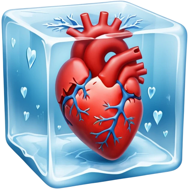Ultra-realistic photo of a human heart frozen inside a clear ice cube, sharp details, icy texture, frost on the surface, studio lighting, 8k resolution emoji