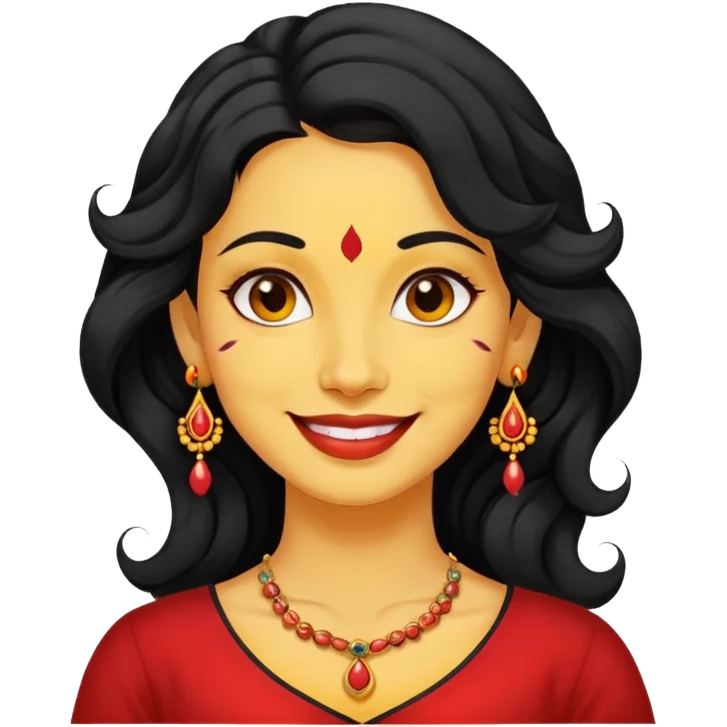 "- Phụ nữ
- 35 tuổi
- Da vàng
- Tóc đen xoăn nhẹ
- Có chấm đỏ Bindi, đeo khuyên tai
- Mặt cười
" emoji