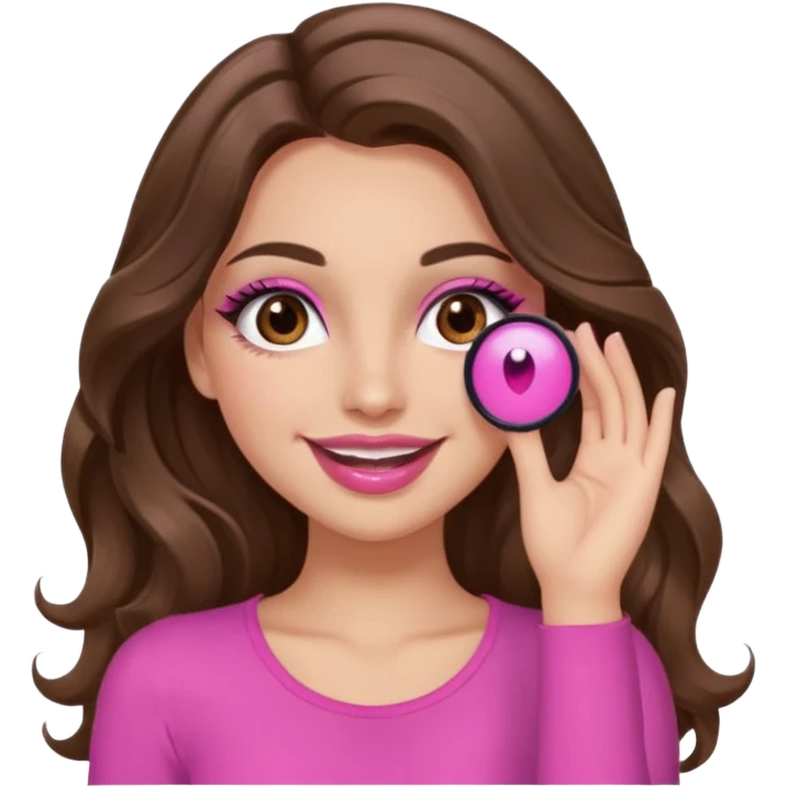 girl with long wavy brown hair, brown eyes, long lashes makeup, sexy pink lips, light to medium complexion, pink sexy top, smiling, hand covering eyes emoji