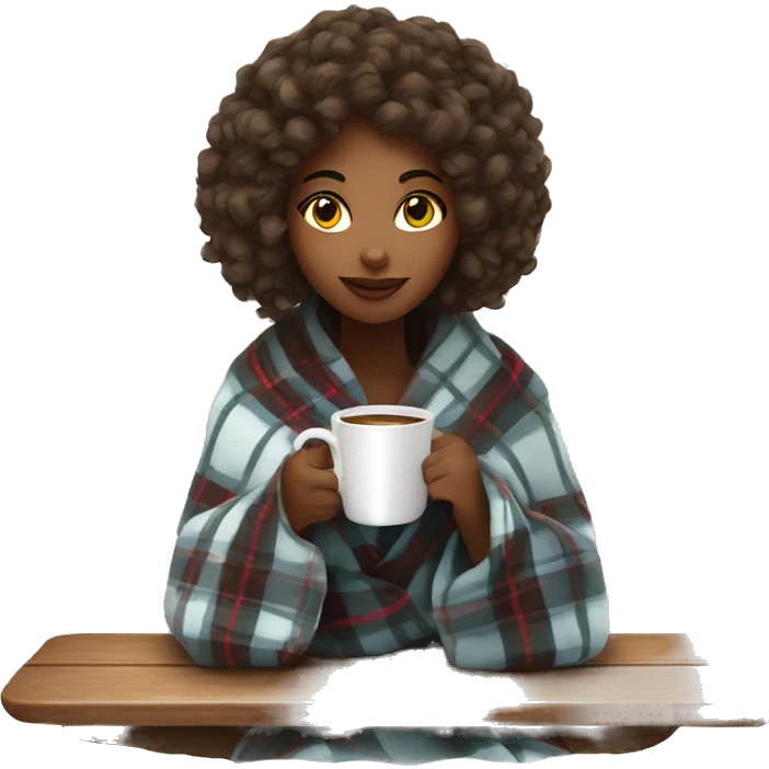 Beautiful girl wrapped in cozy plaid blanket drinking coffee emoji