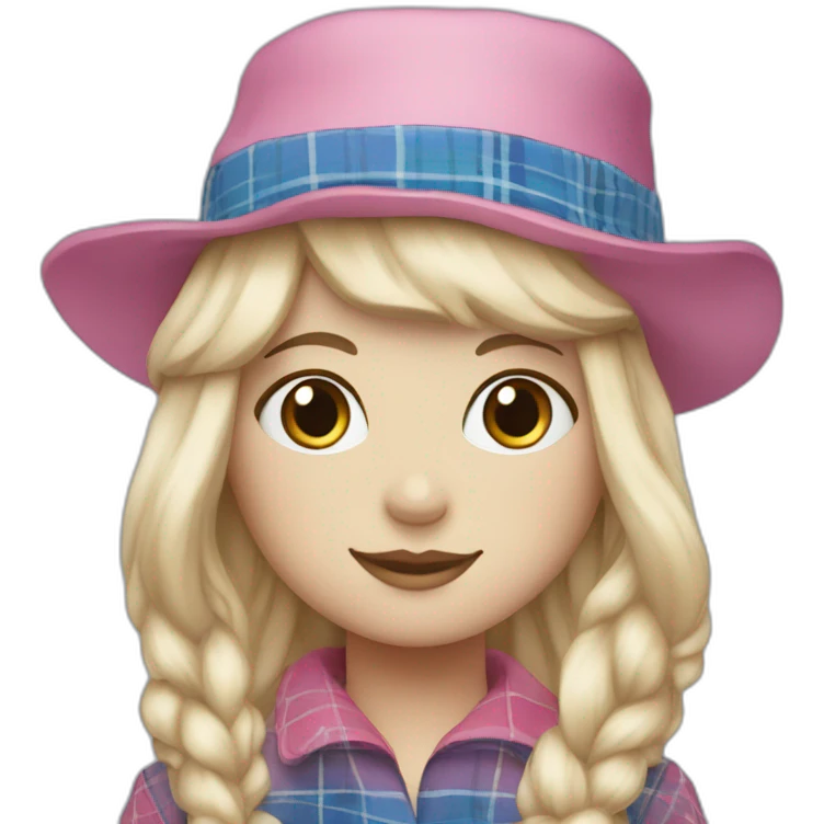 ragdoll with blond hair, pink hat and blue and white tartan dress emoji