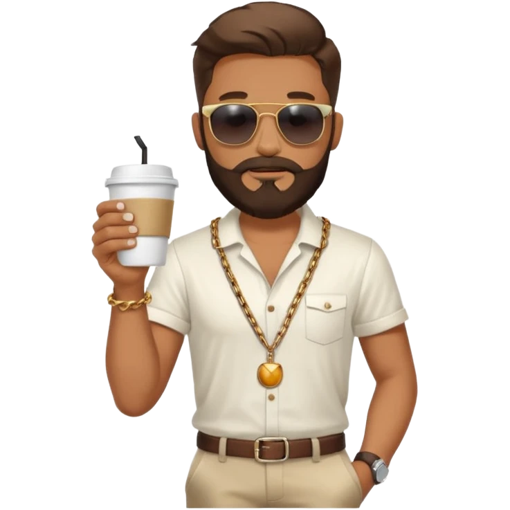 stylish bearded male traveler with coffee cup on hand, cool sun glasses with chain strap, white shoes, emoji